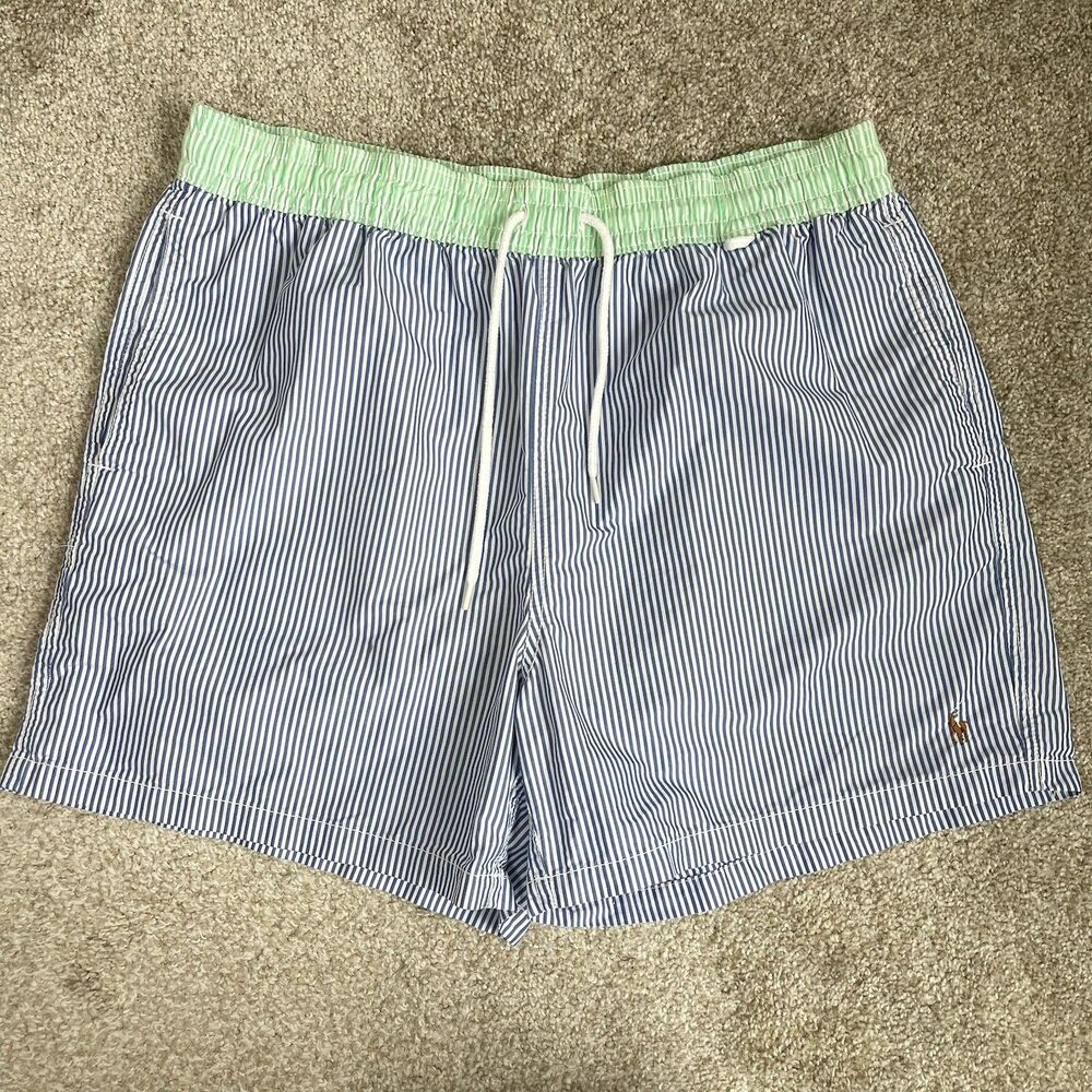Polo Ralph Lauren Mens L Swim Trunk Shorts Blue Striped Pony Logo Mesh Lining